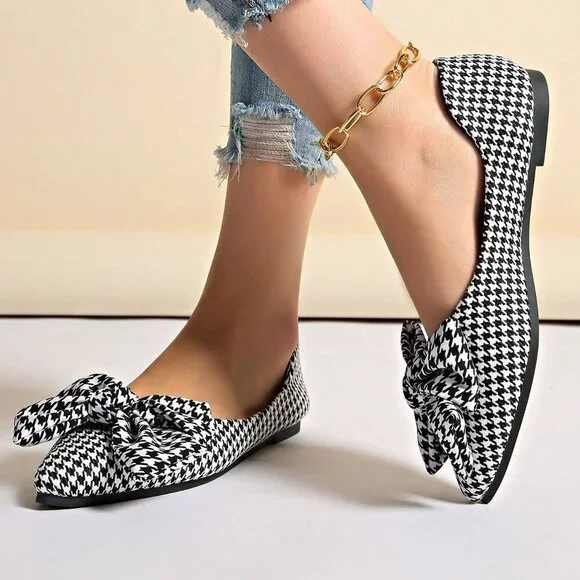 Black And White Casual Women's Loafers with Plaid Bow - Picture 5 of 8